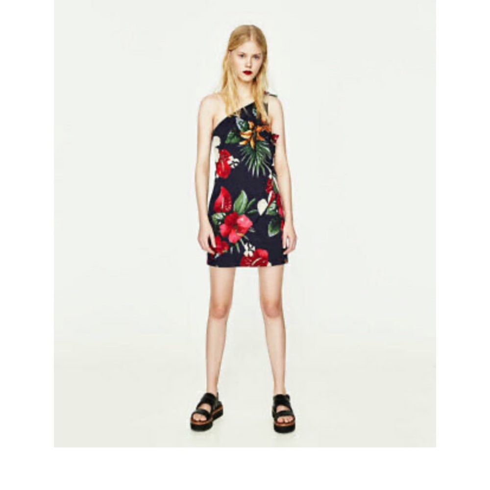 Zara Trafaluc Tropical Cutout Side One Shoulder Asymmetrical Dress Sz Small